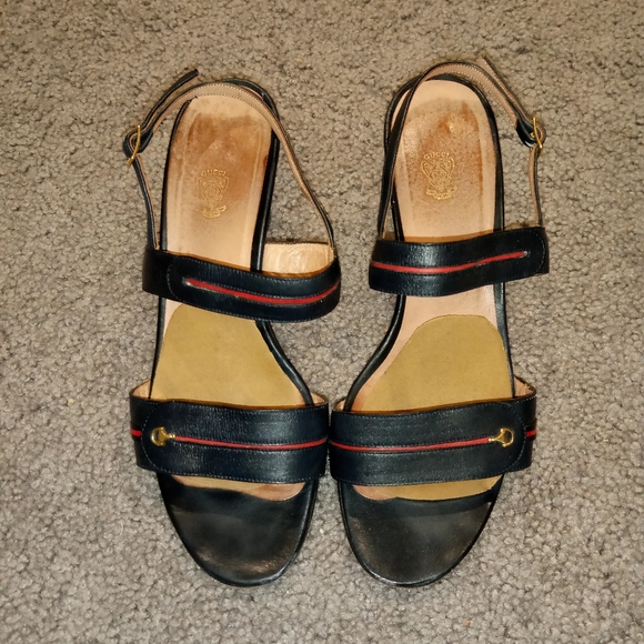 Gucci Italy Vintage Gold Bit Black Red Leather Sandals Heels Slides Shoes sz 38 - Picture 6 of 9